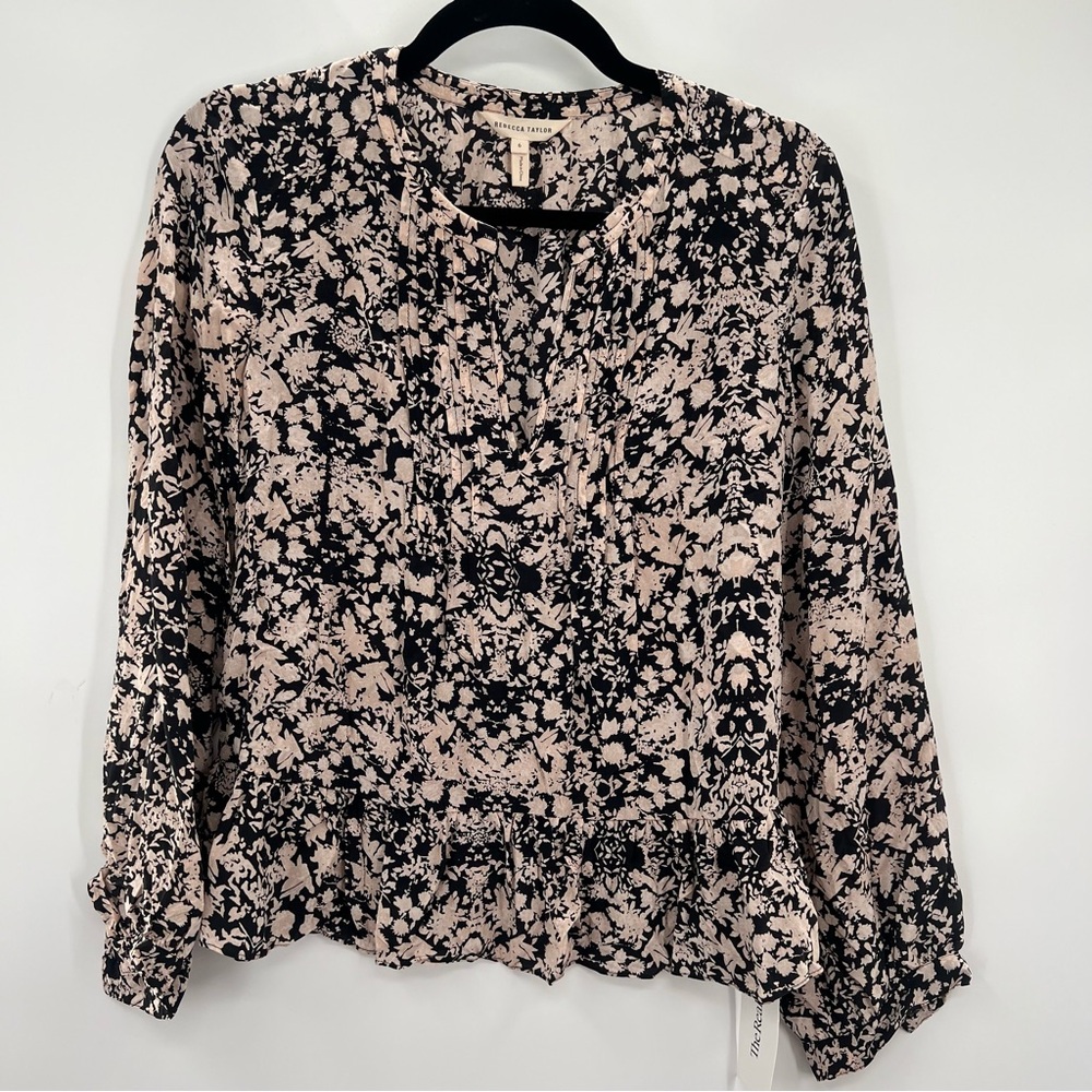 Rebecca Taylor Black and Blush Floral Peplum Blouse